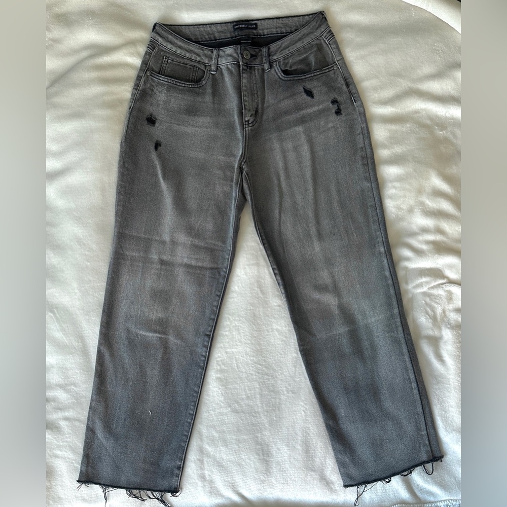 Grey Straight Leg Raw Hem Jeans